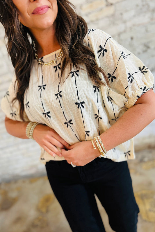 Beige Bow Print Puff Top