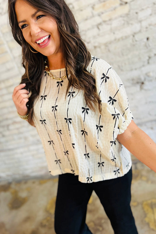 Beige Bow Print Puff Top