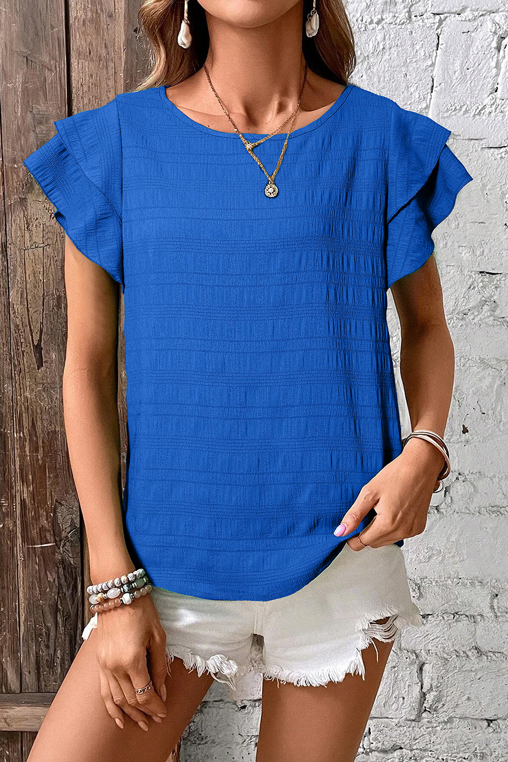 Dark Blue Ruffled Sleeve Top