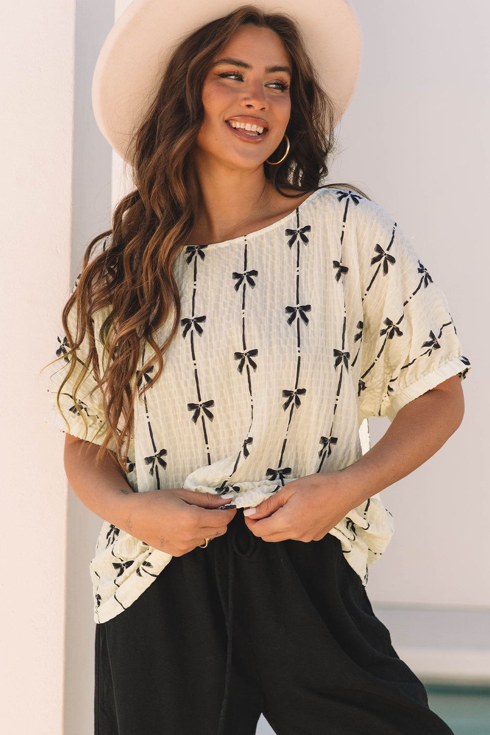 Beige Bow Print Puff Top