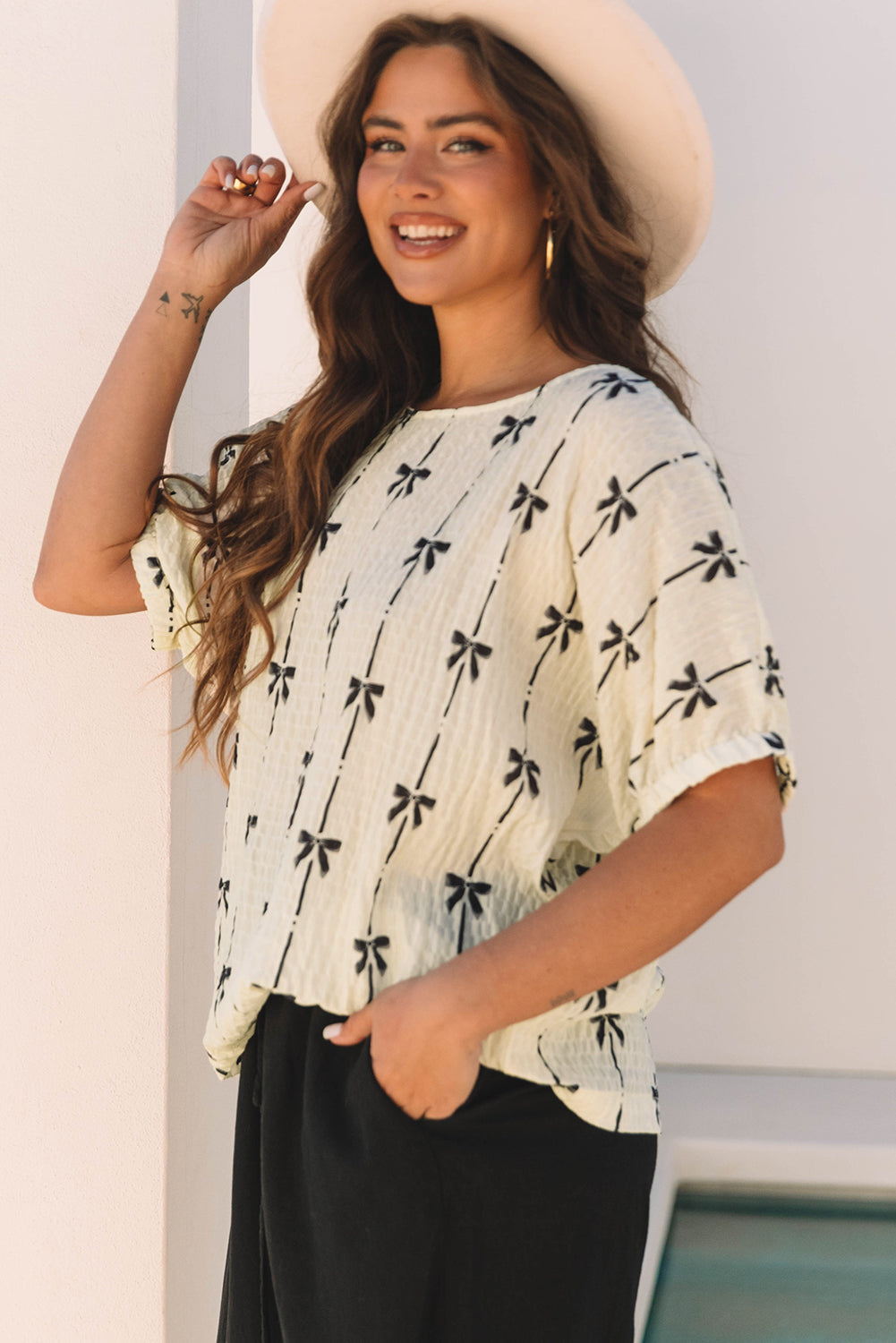 Beige Bow Print Puff Top