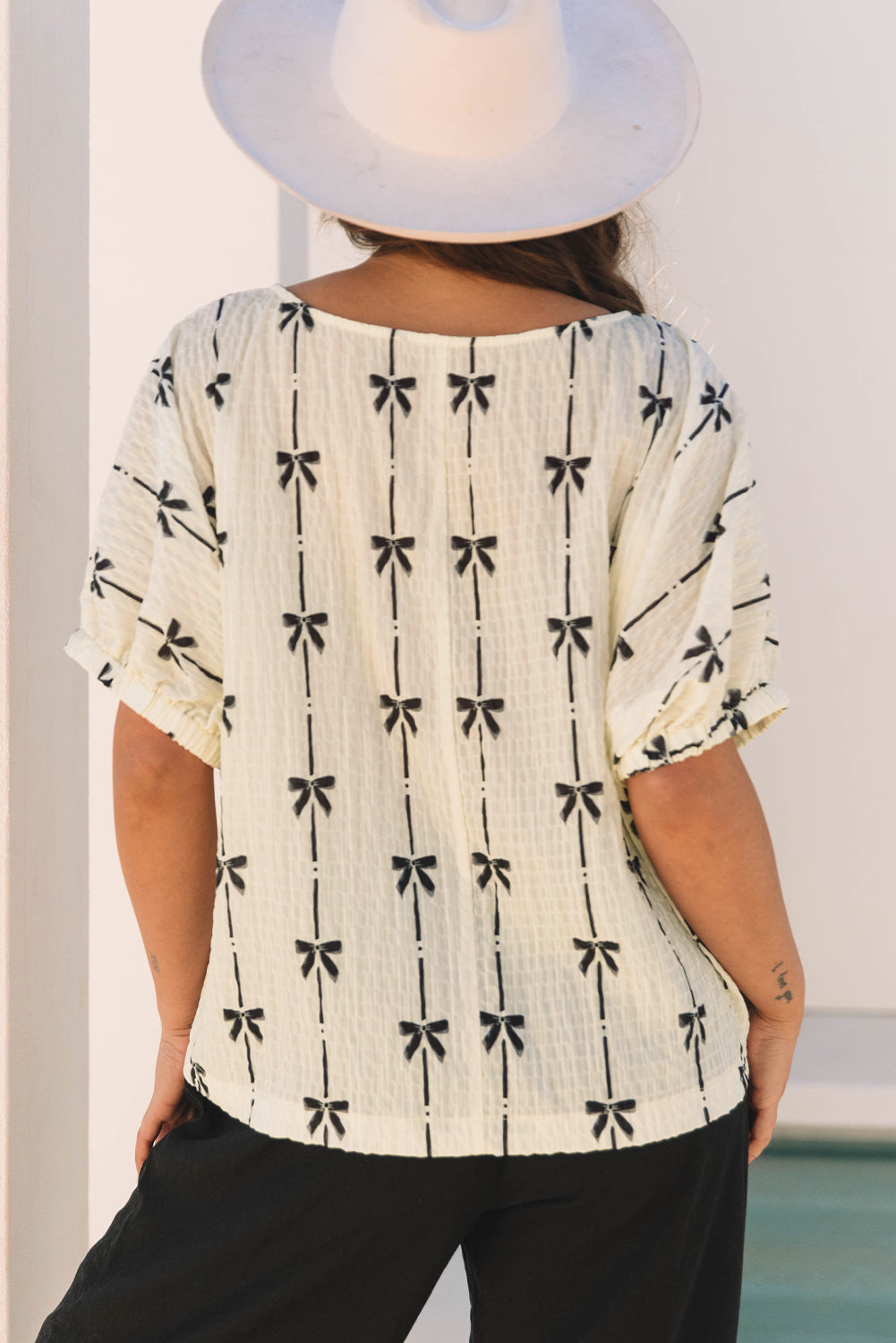 Beige Bow Print Puff Top